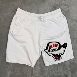 RAW Own The Now Mens XL White Fleece Wolf Graphic Streetwear Sweat Shorts